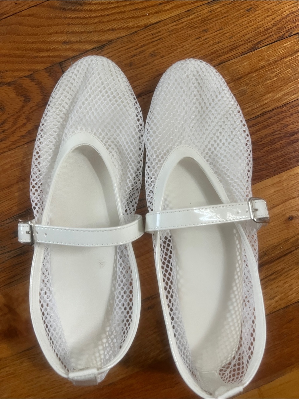 White Mesh Mary Jane Flats with Buckle Strap